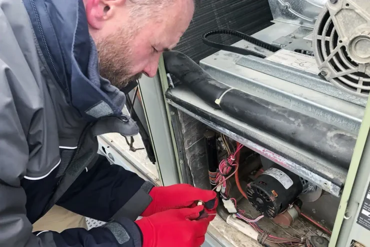 Summers and Zims technician servicing an air conditioning unit.